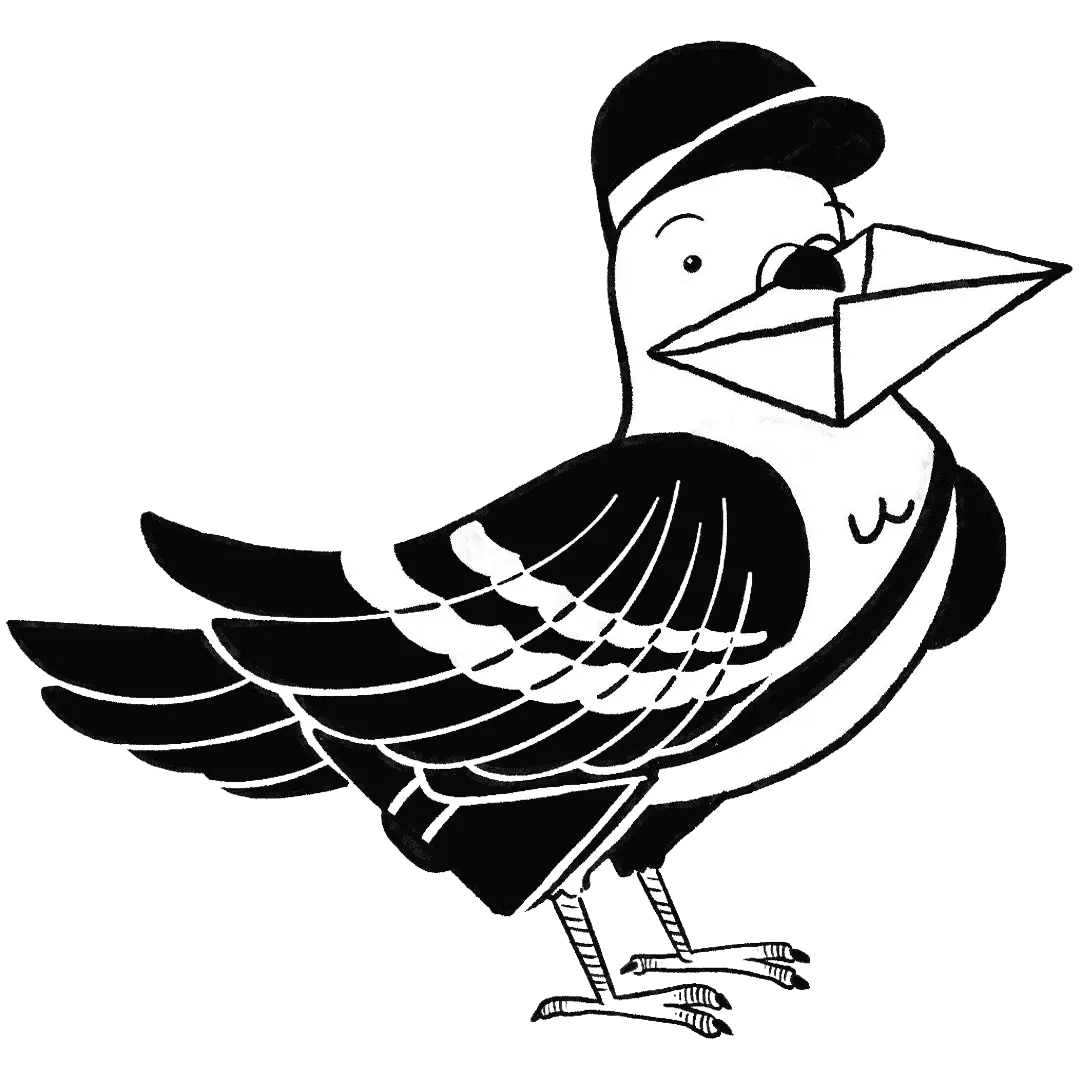 Black and white illustration of a carrier pigeon holding an envelope in its beak.